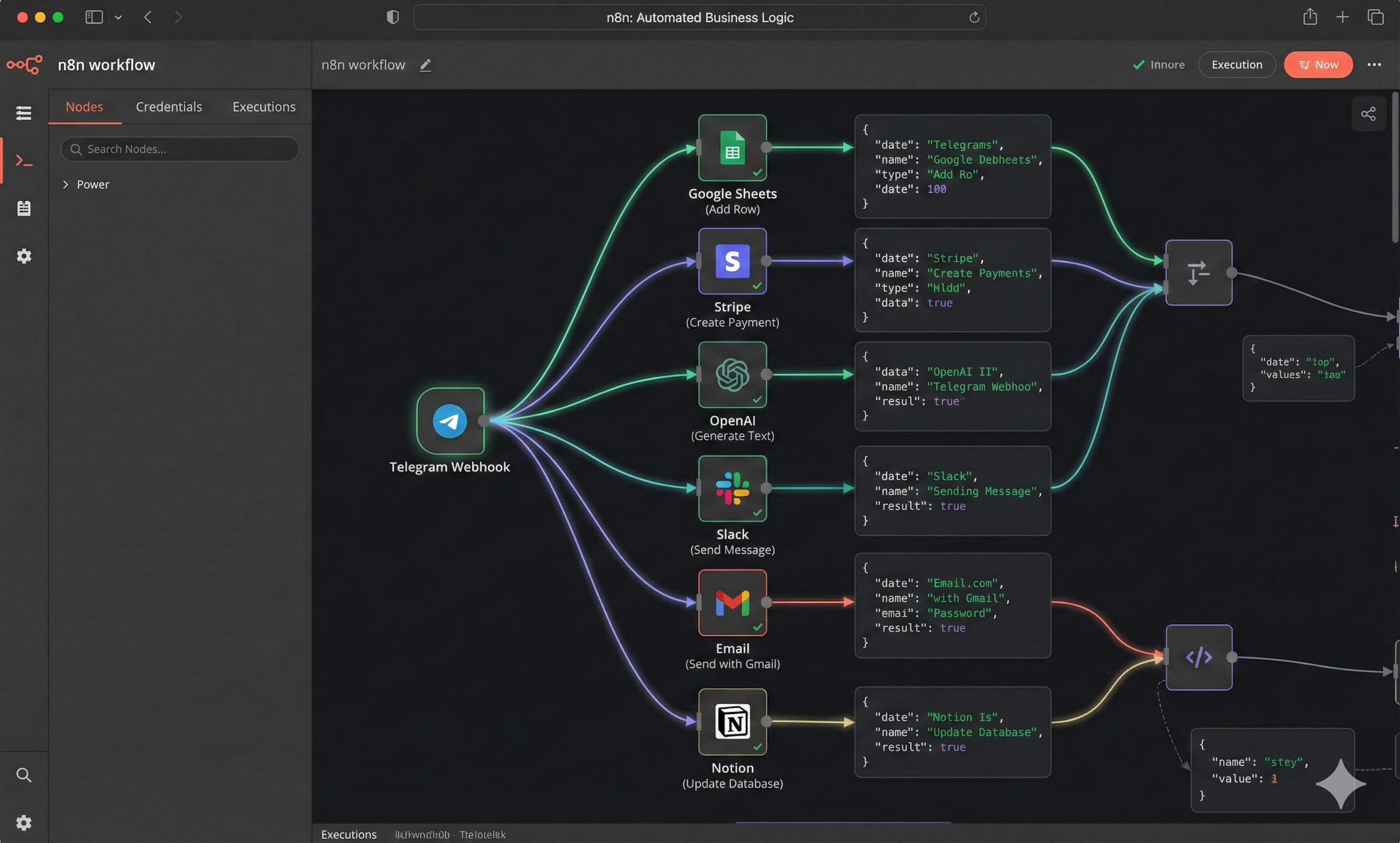 n8n Automation Workflow showing Telegram connected to CRM, Google Sheets, and Payment Gateway